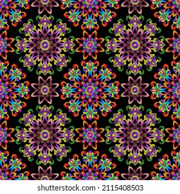 Seamless pattern with abstract patterns and colors on a black background