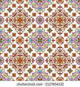 Seamless pattern with abstract patterns and flowers on a white background