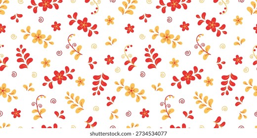 Seamless pattern of abstract patterns of flowers and plants. Cartoon traditional Slavic pattern background