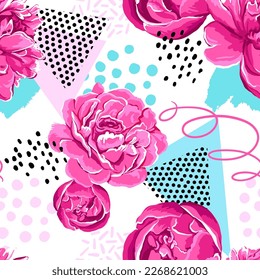 Seamless pattern with abstract peony flowers print and geometric. Creative texture for fabric, wrapping, textile, wallpaper, apparel. Vector illustration background