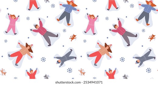 
Seamless pattern with abstract people making snow angel, winter holiday print. Vector graphics.