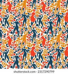 Patrón sin inconvenientes con personas abstractas y hojas de plantas. Vector sin foco con hojas anaranjadas, rosas y azules y personas de color folk con formas simples para envasado o impresión textil.