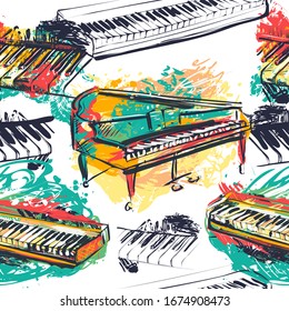 Seamless pattern with abstract piano keyboard, grand piano and synthesizer in watercolor sketch style. Colorful hand drawn grunge style art for  fabric, print, wallpaper. Vector illustration