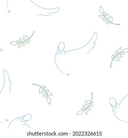 Seamless pattern with abstract pigeons and world branch drawn in a line on a white background. Hand drawing pigeons vector graphic