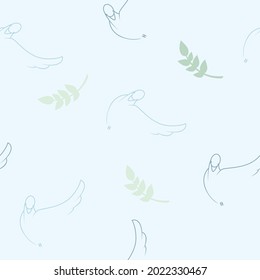 Seamless pattern with abstract pigeons and world branch drawn in a line on a light blue background. Hand drawing pigeons vector graphic