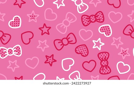 Seamless pattern abstract pink background vector illustration. Hearts, stars and bows pink background. Decoration banner themed Lol surprise doll girlish style. Invitation card template