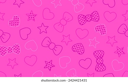 Seamless pattern abstract pink background vector illustration. Hearts, stars and bows pink background. Decoration banner themed Lol surprise doll girlish style. Invitation card template
