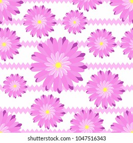 Seamless pattern with abstract pink chrysanthemums. On white background for textile, Wallpaper, wrapping paper. Vector stock.