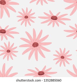 Seamless pattern with abstract pink daisy flower without leaf. Flat cartoon floral repeat pattern. Great for fabric, textile, wrap, print, wallpaper, and any surface design.