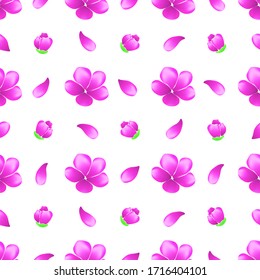 Seamless pattern with abstract pink flowers and petals. Pink flowers on a white background. Vector illustration for fabric design, print for textile, underwear, packaging, scrapbooking, wrapping, etc.