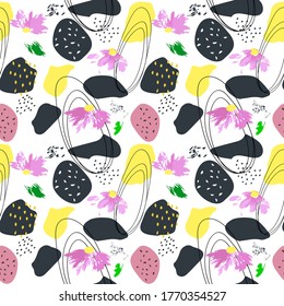 Seamless pattern from abstract pink flowers, various spots of shapes of spots of yellow, dark blue colors, splashes of paint, black dots and lines. Modern trendy illustration for fabric, be
