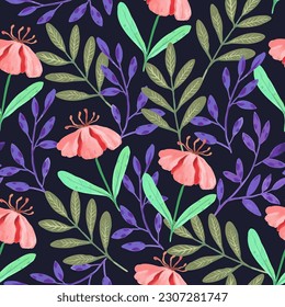 Seamless pattern with abstract pink flowers and various watercolor botanical elements. Hand drawn vector illustration.