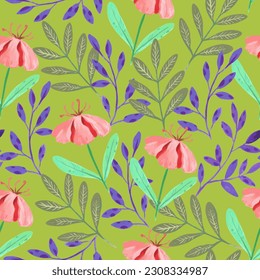 Patrón sin foco con flores rosadas abstractas y varios elementos botánicos acuarelas. Ilustración vectorial dibujada a mano.