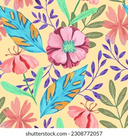 Seamless pattern with abstract pink flowers and various watercolor botanical elements. Hand drawn vector illustration.