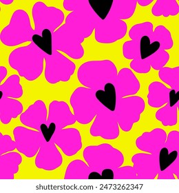 Seamless pattern with abstract pink flowers print on yellowe background.  Creative texture for fabric, wrapping, textile, wallpaper, apparel. Bright Vector illustration 