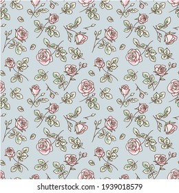 Seamless pattern with abstract pink garden roses, buds and leaves silhouette. Blue background with blossoming  flowers. Vintage floral hand drawn wallpaper. Vector stock illustration.