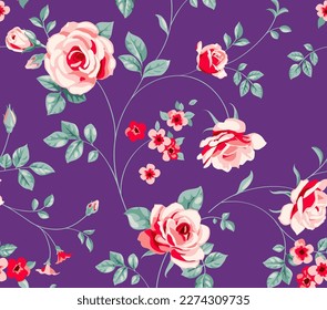 Nahtloses Muster. Abstrakte rosafarbene Gartenrosen mit grünen Blättern auf tiefviolettem Hintergrund. Vintage Blumen Tapete. Vektorgrafik.