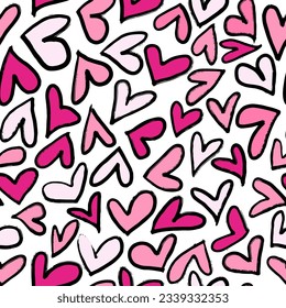 Seamless pattern with abstract pink hearts. Hand drawn ink print for fabric, textiles, wrapping paper. Vector illustration