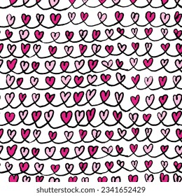 Seamless pattern with abstract pink hearts. Hand drawn ink print for fabric, textiles, wrapping paper. Vector illustration