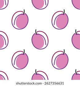 Seamless pattern with abstract pink plums in minimal linear style on white background. Vector illustration. Fruit and summer harvest concept