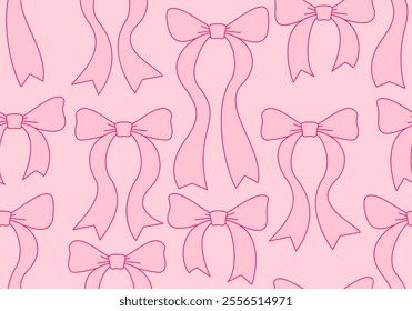 Seamless pattern with abstract pink ribbons. Vector flat background with bows in retro style. Coquette and balletcore aesthetic