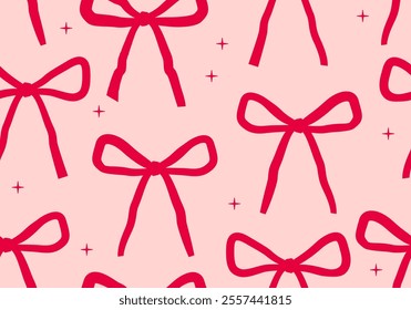 Seamless pattern with abstract pink ribbons. Vector flat background with bows in retro style. Coquette and balletcore aesthetic