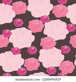 Seamless pattern abstract pink roses on a brown background. Drawn blooming bud repeat print, pastel colors.  vector design eps 10