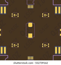 Seamless pattern with abstract placement of components (geometries, cells) with violet silkscreen and yellow pads on brown background with lettering "0.5 OZ, 1.0 OZ, 1.5 OZ". Abstract pcb design.