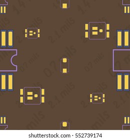 Seamless pattern with abstract placement of components (geometries, cells) with violet silkscreen and yellow pads on brown background with lettering "0.7 mils,1.4 mils,2.1 mils". Abstract pcb design.