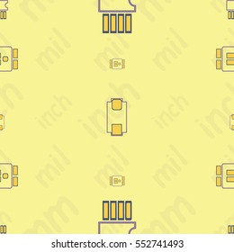 Seamless pattern with abstract placement of components (geometries, cells) with violet silkscreen and yellow pads on yellow background with lettering "inch, mm, mil". Abstract pcb design.