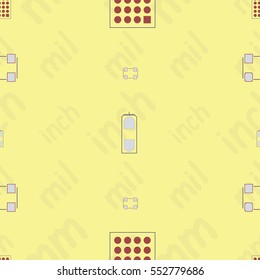 Seamless pattern with abstract placement of components (geometries, cells) with blue silkscreen and white pads on yellow background with lettering "inch, mm, mil". Abstract pcb design.