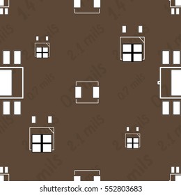 Seamless pattern with abstract placement of components (geometries, cells) with white silkscreen and pads on brown background with lettering "0.7 mils, 1.4 mils, 2.1 mils". Abstract pcb design.