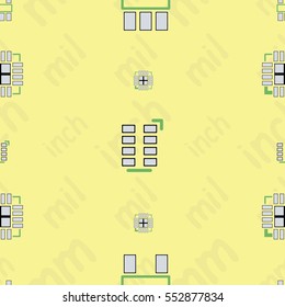 Seamless pattern with abstract placement of components (geometries, cells) with green silkscreen and white pads on yellow background with lettering "inch, mm, mil". Abstract pcb design.