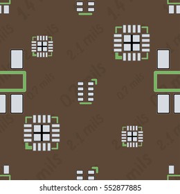 Seamless pattern with abstract placement of components (geometries, cells) with green silkscreen and white pads on brown background with lettering "0.7 mils, 1.4 mils, 2.1 mils". Abstract pcb design.