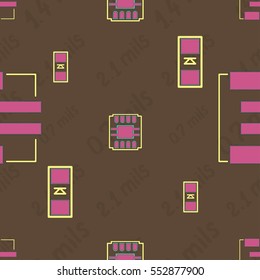 Seamless pattern with abstract placement of components (geometries, cells) with yellow silkscreen and pink pads on brown background with lettering "0.7 mils, 1.4 mils, 2.1 mils". Abstract pcb design.