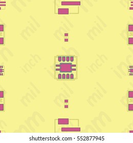 Seamless pattern with abstract placement of components (geometries, cells) with yellow silkscreen and pink pads on yellow background with lettering "inch, mm, mil". Abstract pcb design.