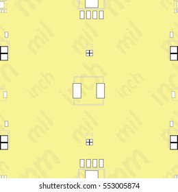 Seamless pattern with abstract placement of components (geometries, cells) with white silkscreen and pads on yellow background with lettering "inch, mm, mil". Abstract pcb design.