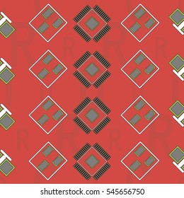 Seamless pattern with abstract placement on colorful background with lettering of reference for components "??R, U, C". Abstract pcb design.