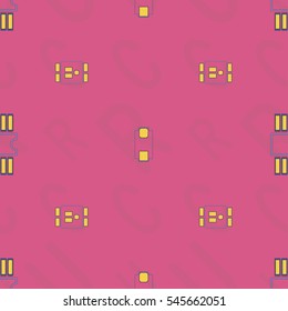 Seamless pattern with abstract placement on colorful background with lettering of reference for components "C, R, U". Abstract pcb design.