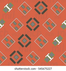 Seamless pattern with abstract placement on colorful background with lettering " inch, mm, mil". Abstract pcb design.