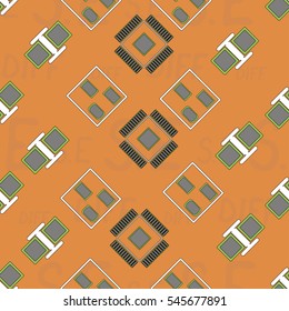 Seamless pattern with abstract placement on colorful background with lettering "S.E, DIFF" (SIGNAL ELECTRICAL routing, DIFFPAIRS routing). Abstract pcb design.