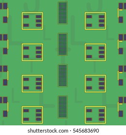 Seamless pattern with abstract placement on colorful background with lettering of reference for components "L, T, J". Abstract pcb design.