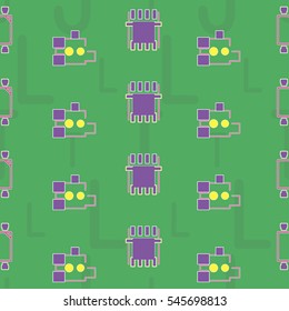 Seamless pattern with abstract placement on colorful background with lettering of reference for components "L, T, J". Abstract pcb design.