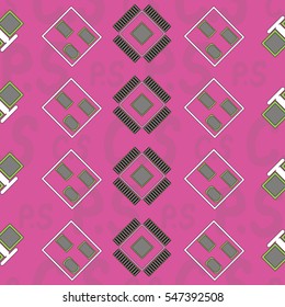 Seamless pattern with abstract placement on colorful background with lettering "C.S, P.S" (COMPONENT SIDE, PRINT SIDE). Abstract pcb design.