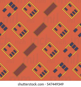 Seamless pattern with abstract placement on colorful background with lettering "inch, mm, mil". Abstract pcb design.