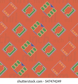 Seamless pattern with abstract placement on colorful background with lettering "inch, mm, mil". Abstract pcb design.