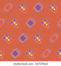 Seamless pattern with abstract placement on colorful background with lettering "inch, mm, mil". Abstract pcb design.