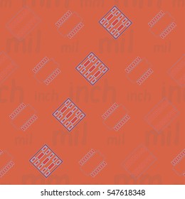 Seamless pattern with abstract placement on colorful background with lettering "inch, mm, mil". Abstract pcb design.