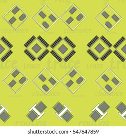 Seamless pattern with abstract placement on colorful background with lettering "trace, routing, clearance". Abstract pcb design.