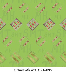 Seamless pattern with abstract placement on colorful background with lettering "SMT, TH, MH" (SURFACE MOUNT TECHNOLOGY, TRUE HOLE, MOUNTING HOLE). Abstract pcb design.